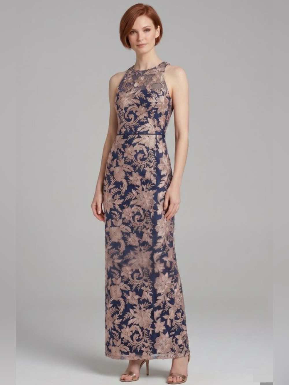 JS Collections Formal Maxi Dress Floral Jacquard in Navy & Rose Gold - 10